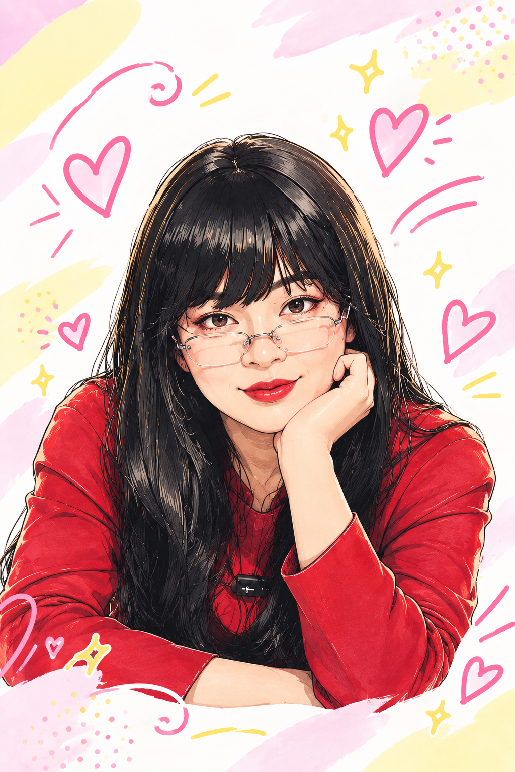 グラスを手にカウンターで頬杖をつくずり子のイラスト